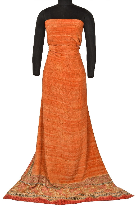 Sanskriti Vintage Sarees Peach & Red Pure Crepe Silk Printed Sari Craft Sustainable Fabric