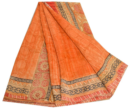 Sanskriti Vintage Sarees Peach & Red Pure Crepe Silk Printed Sari Craft Sustainable Fabric