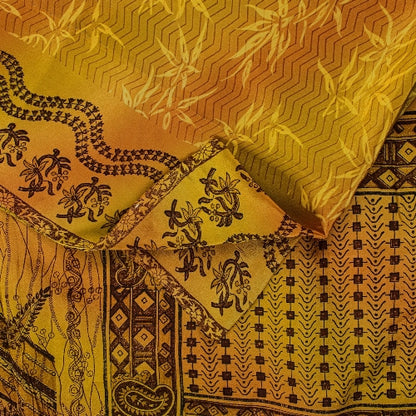 Sanskriti Vintage Sarees Green 100% Pure Crepe Silk Printed Sari Craft Sustainable Fabric