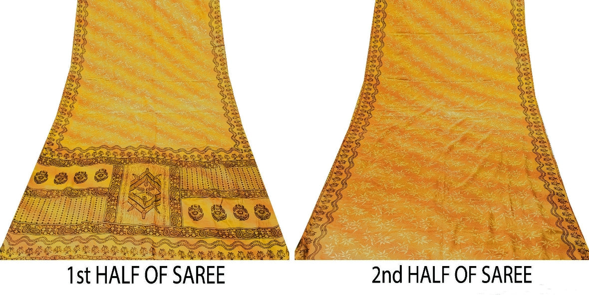 Sanskriti Vintage Sarees Green 100% Pure Crepe Silk Printed Sari Craft Sustainable Fabric