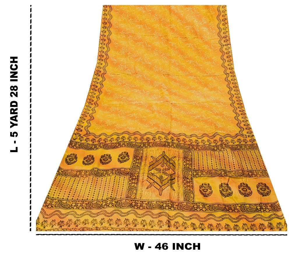 Sanskriti Vintage Sarees Green 100% Pure Crepe Silk Printed Sari Craft Sustainable Fabric