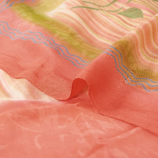 Sanskriti Vintage Sarees Coral 100% Pure Crepe Silk Printed Sari Craft Sustainable Fabric