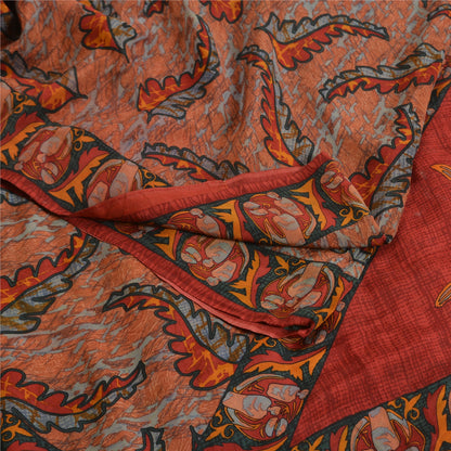Sanskriti Vintage Sarees Indian Orange Pure Crepe Silk Printed Sari Craft Fabric