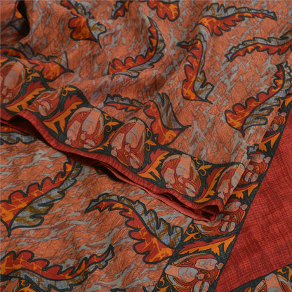 Sanskriti Vintage Sarees Indian Orange Pure Crepe Silk Printed Sari Craft Fabric