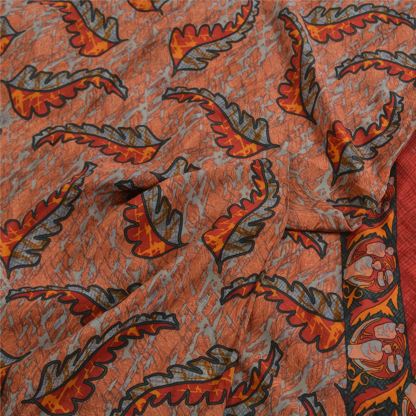 Sanskriti Vintage Sarees Indian Orange Pure Crepe Silk Printed Sari Craft Fabric