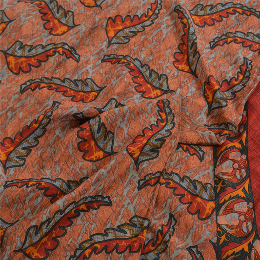 Sanskriti Vintage Sarees Indian Orange Pure Crepe Silk Printed Sari Craft Fabric