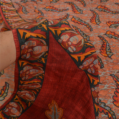 Sanskriti Vintage Sarees Indian Orange Pure Crepe Silk Printed Sari Craft Fabric