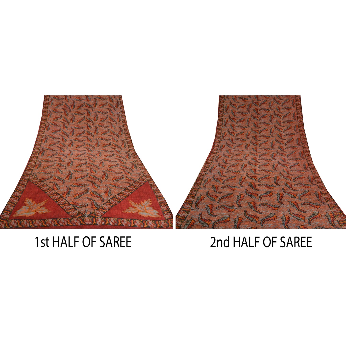 Sanskriti Vintage Sarees Indian Orange Pure Crepe Silk Printed Sari Craft Fabric