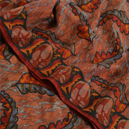 Sanskriti Vintage Sarees Indian Orange Pure Crepe Silk Printed Sari Craft Fabric