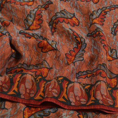 Sanskriti Vintage Sarees Indian Orange Pure Crepe Silk Printed Sari Craft Fabric