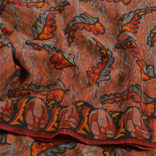 Sanskriti Vintage Sarees Indian Orange Pure Crepe Silk Printed Sari Craft Fabric