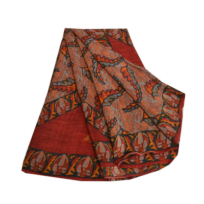 Sanskriti Vintage Sarees Indian Orange Pure Crepe Silk Printed Sari Craft Fabric