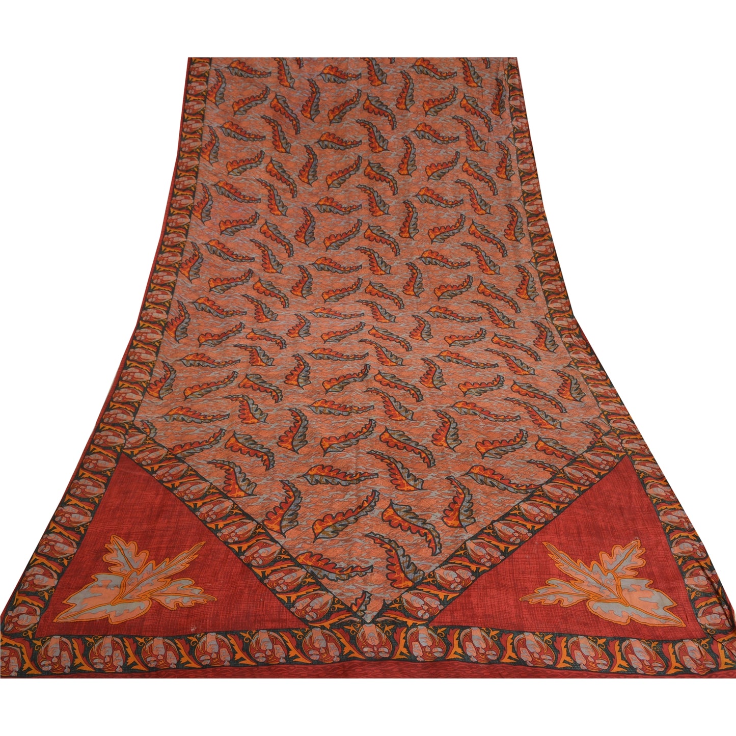 Sanskriti Vintage Sarees Indian Orange Pure Crepe Silk Printed Sari Craft Fabric