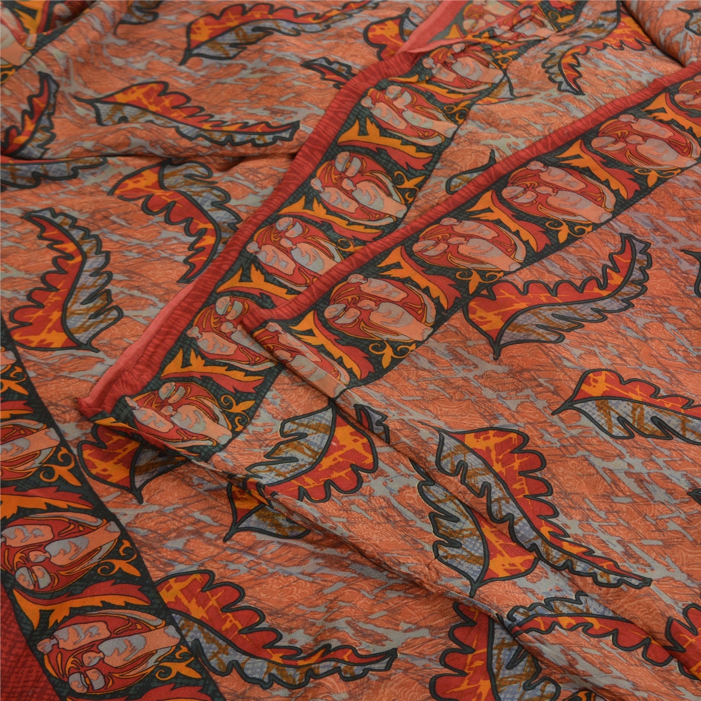 Sanskriti Vintage Sarees Indian Orange Pure Crepe Silk Printed Sari Craft Fabric