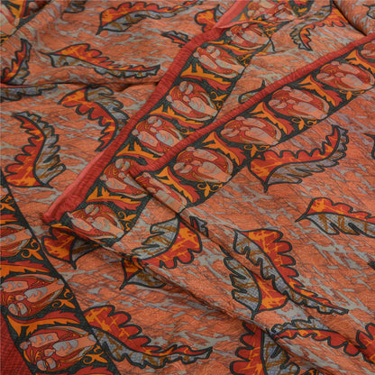 Sanskriti Vintage Sarees Indian Orange Pure Crepe Silk Printed Sari Craft Fabric