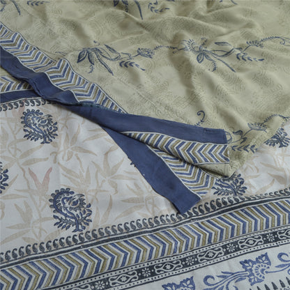 Sanskriti Vintage Sarees Green Block Printed Pure Crepe Silk Sari Craft Fabric