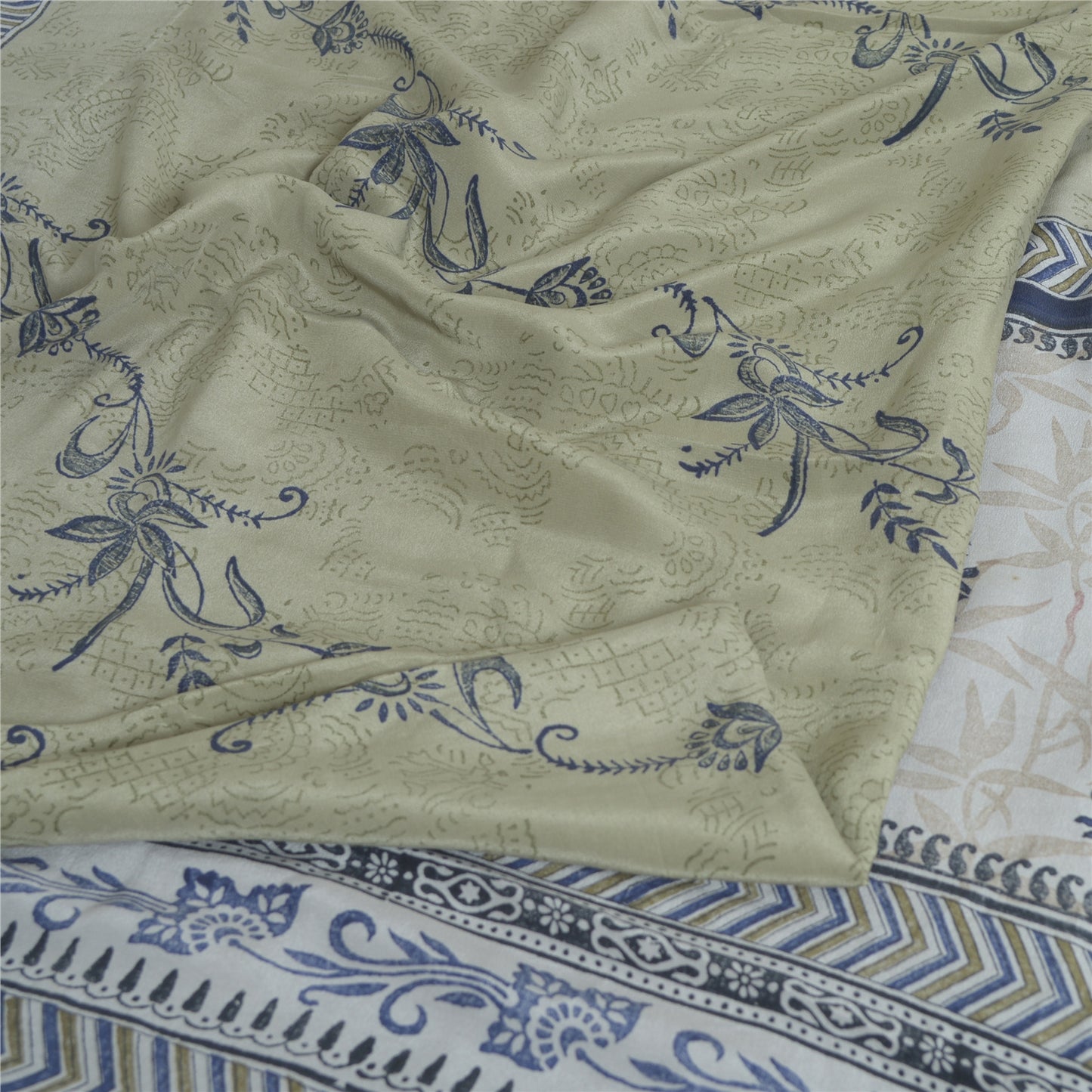 Sanskriti Vintage Sarees Green Block Printed Pure Crepe Silk Sari Craft Fabric