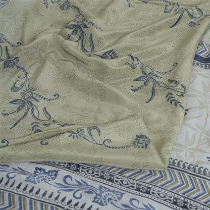 Sanskriti Vintage Sarees Green Block Printed Pure Crepe Silk Sari Craft Fabric