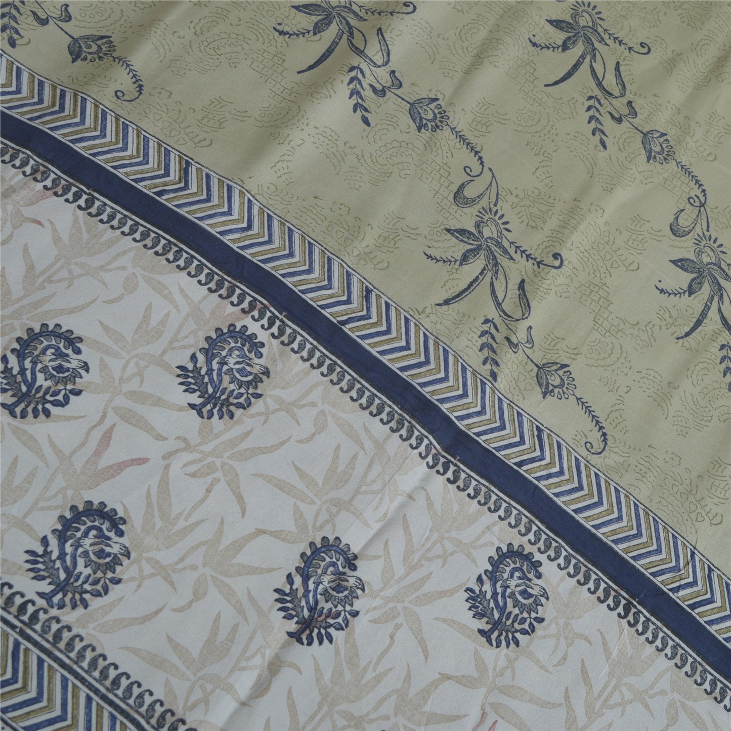 Sanskriti Vintage Sarees Green Block Printed Pure Crepe Silk Sari Craft Fabric