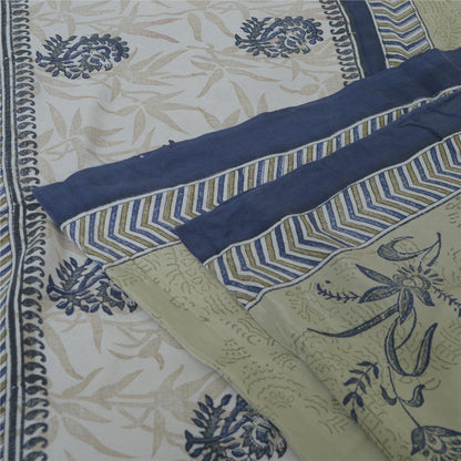 Sanskriti Vintage Sarees Green Block Printed Pure Crepe Silk Sari Craft Fabric