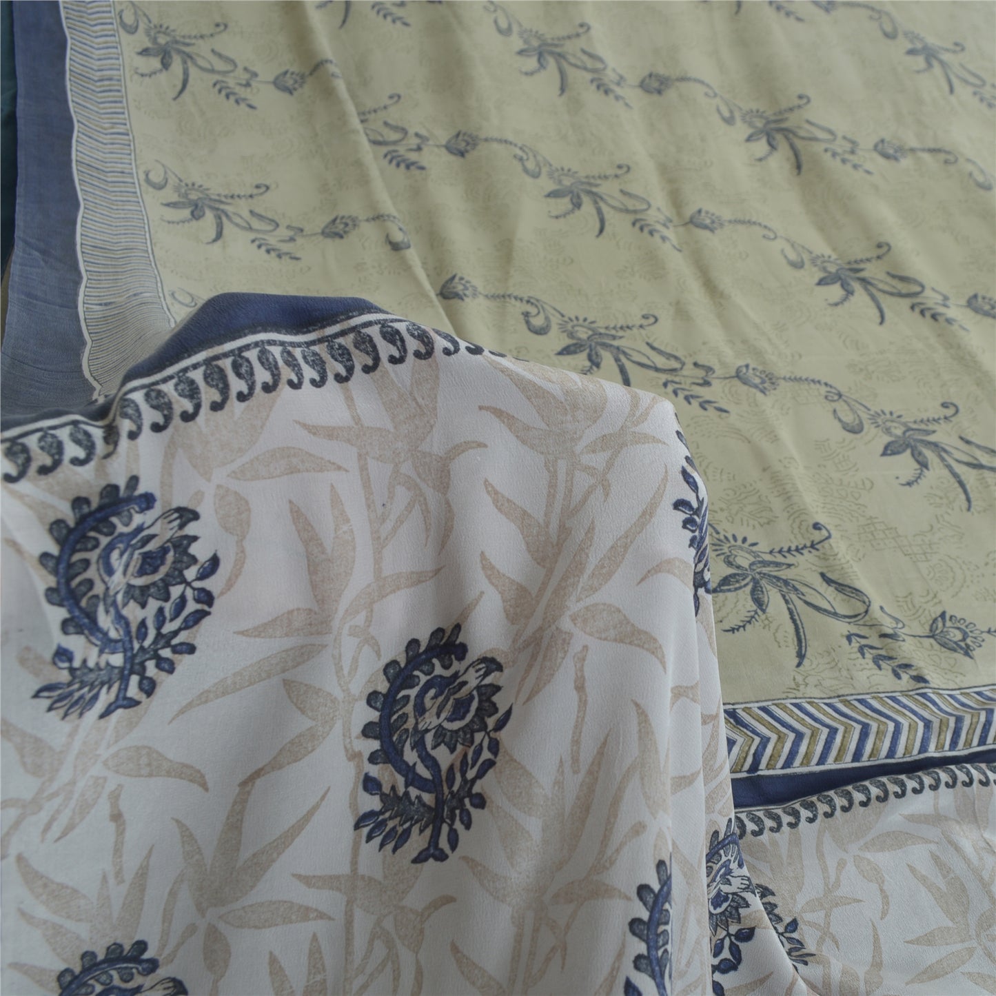 Sanskriti Vintage Sarees Green Block Printed Pure Crepe Silk Sari Craft Fabric