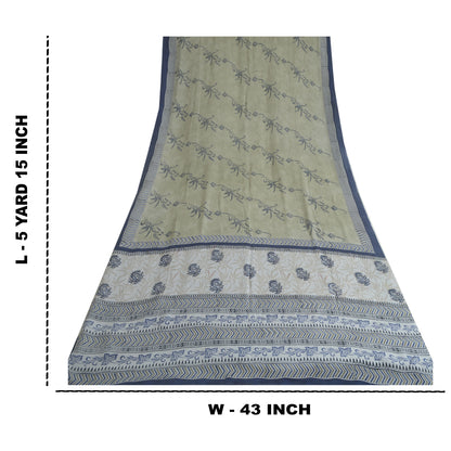 Sanskriti Vintage Sarees Green Block Printed Pure Crepe Silk Sari Craft Fabric