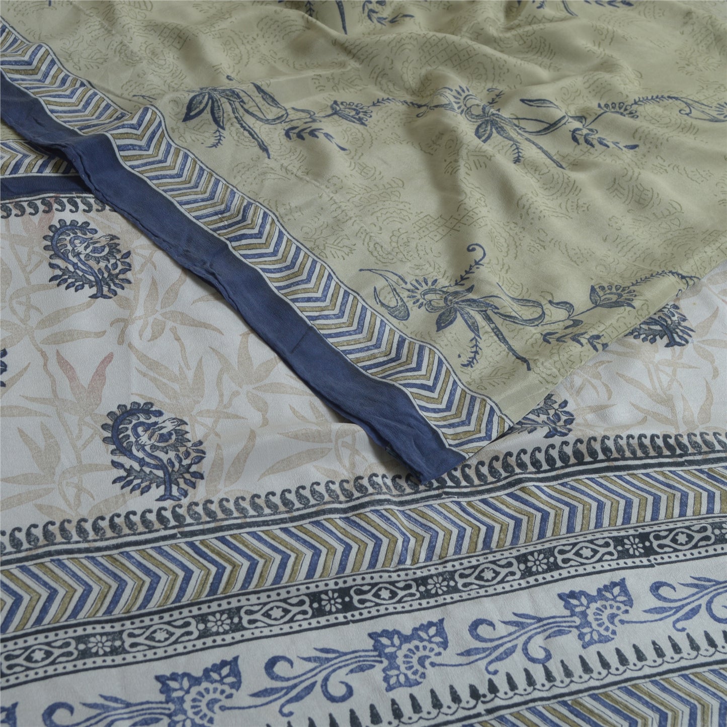 Sanskriti Vintage Sarees Green Block Printed Pure Crepe Silk Sari Craft Fabric