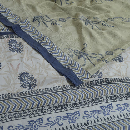 Sanskriti Vintage Sarees Green Block Printed Pure Crepe Silk Sari Craft Fabric