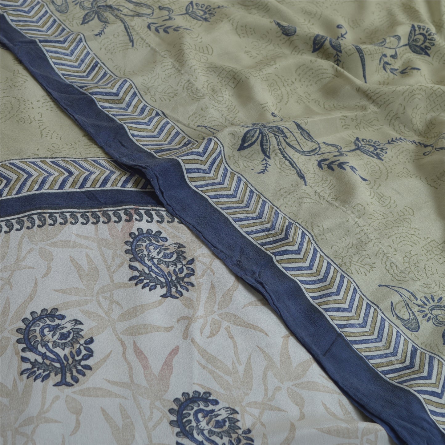 Sanskriti Vintage Sarees Green Block Printed Pure Crepe Silk Sari Craft Fabric