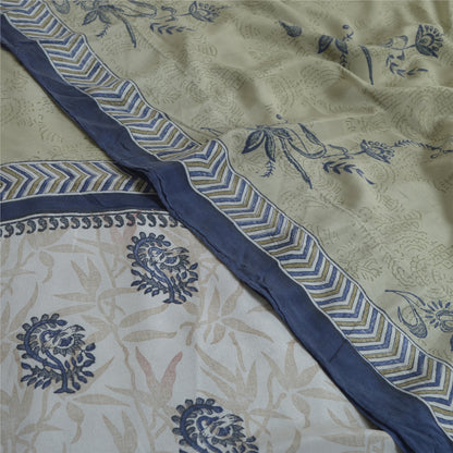 Sanskriti Vintage Sarees Green Block Printed Pure Crepe Silk Sari Craft Fabric