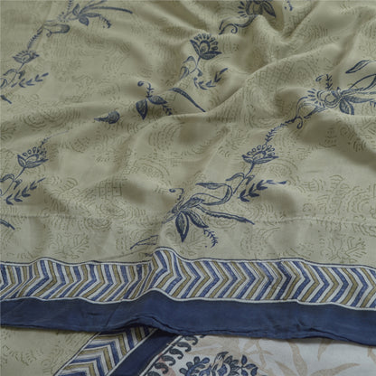 Sanskriti Vintage Sarees Green Block Printed Pure Crepe Silk Sari Craft Fabric