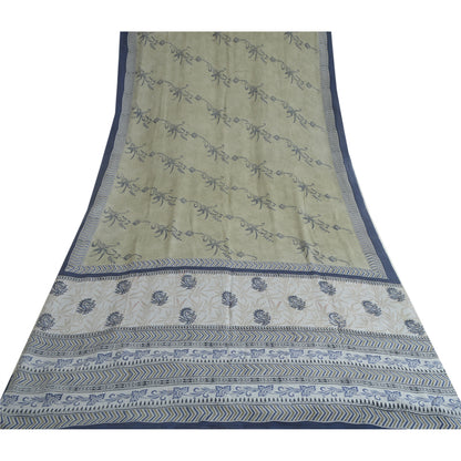 Sanskriti Vintage Sarees Green Block Printed Pure Crepe Silk Sari Craft Fabric