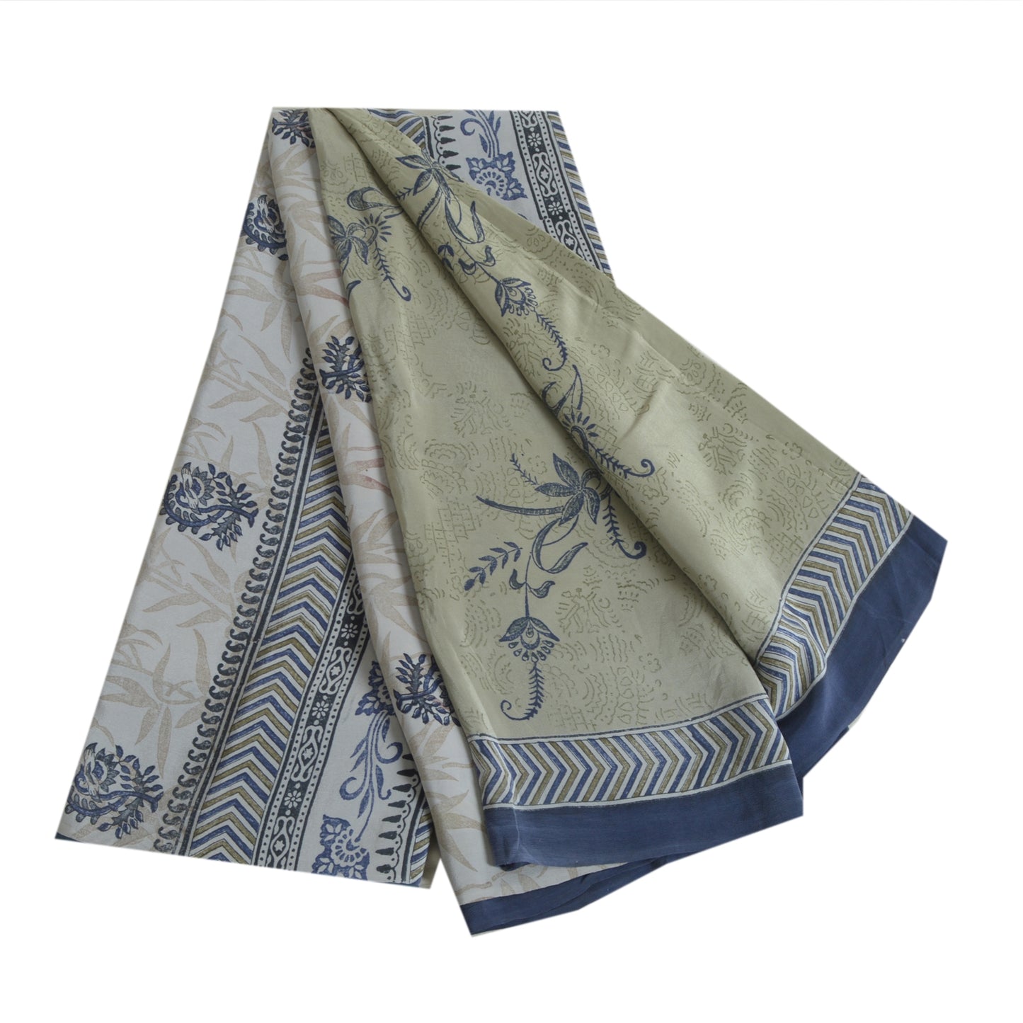 Sanskriti Vintage Sarees Green Block Printed Pure Crepe Silk Sari Craft Fabric