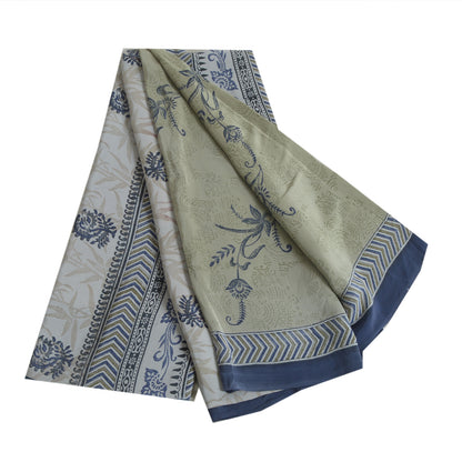 Sanskriti Vintage Sarees Green Block Printed Pure Crepe Silk Sari Craft Fabric