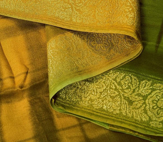 Sanskriti Vintage Sari 100% Pure Crepe Saffron/Green Check Lines Print Sarees 5 Yd Zari Border Fabric Recycled For Quilting Felting, Decor