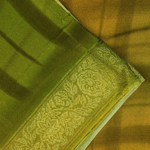 Sanskriti Vintage Sarees Saffron/Green Print Zari Border Pure Crepe Sari Sustainable Fabric