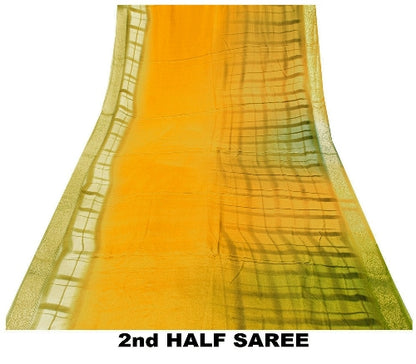 Sanskriti Vintage Sarees Saffron/Green Print Zari Border Pure Crepe Sari Sustainable Fabric