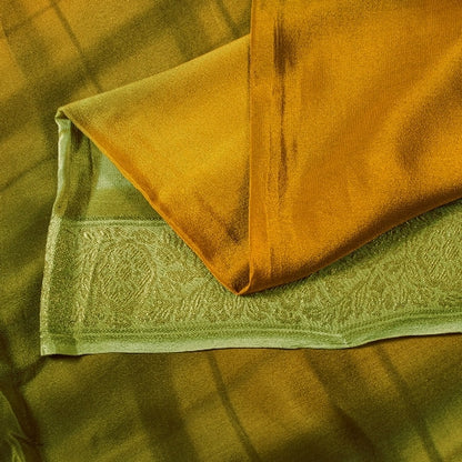 Sanskriti Vintage Sarees Saffron/Green Print Zari Border Pure Crepe Sari Sustainable Fabric