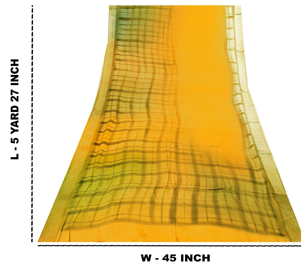 Sanskriti Vintage Sarees Saffron/Green Print Zari Border Pure Crepe Sari Sustainable Fabric