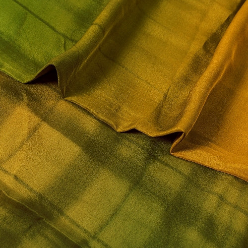 Sanskriti Vintage Sarees Saffron/Green Print Zari Border Pure Crepe Sari Sustainable Fabric