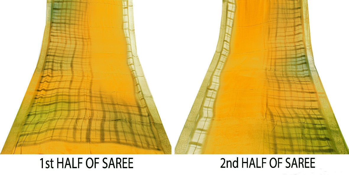 Sanskriti Vintage Sarees Saffron/Green Print Zari Border Pure Crepe Sari Sustainable Fabric