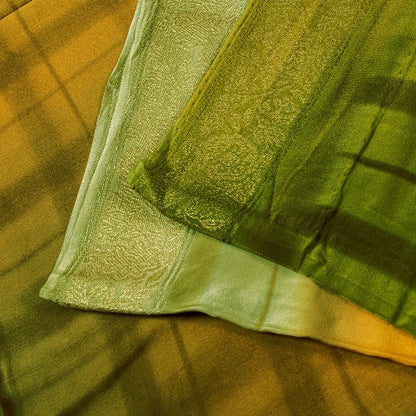 Sanskriti Vintage Sarees Saffron/Green Print Zari Border Pure Crepe Sari Sustainable Fabric