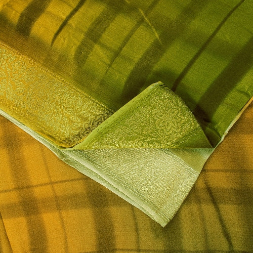 Sanskriti Vintage Sarees Saffron/Green Print Zari Border Pure Crepe Sari Sustainable Fabric