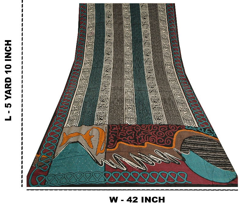 Sanskriti Vintage Sarees Multi Pure Crepe Silk Mukesh Work Printed Sari Sustainable Fabric