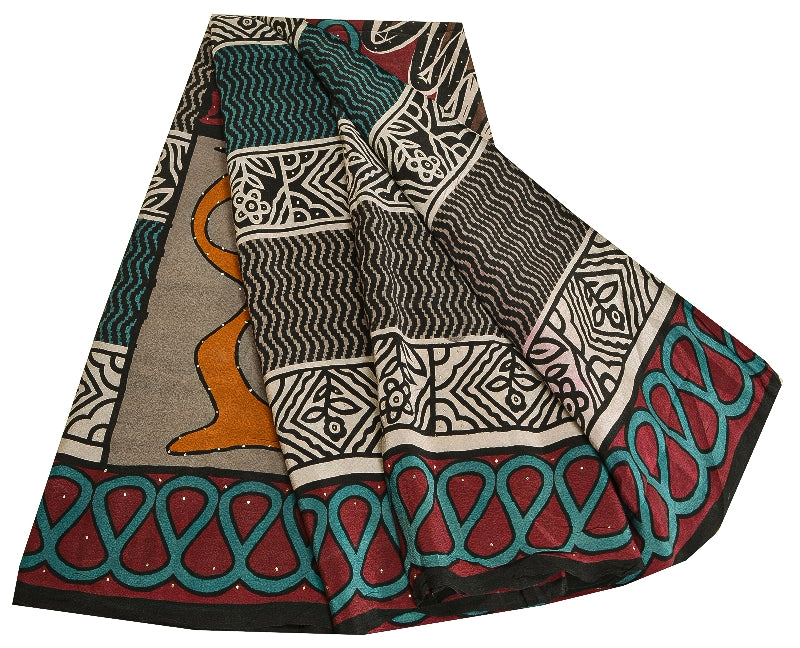 Sanskriti Vintage Sarees Multi Pure Crepe Silk Mukesh Work Printed Sari Sustainable Fabric