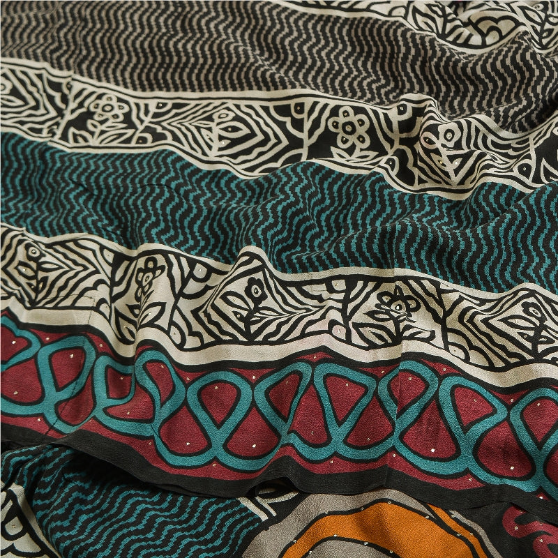 Sanskriti Vintage Sarees Multi Pure Crepe Silk Mukesh Work Printed Sari Sustainable Fabric