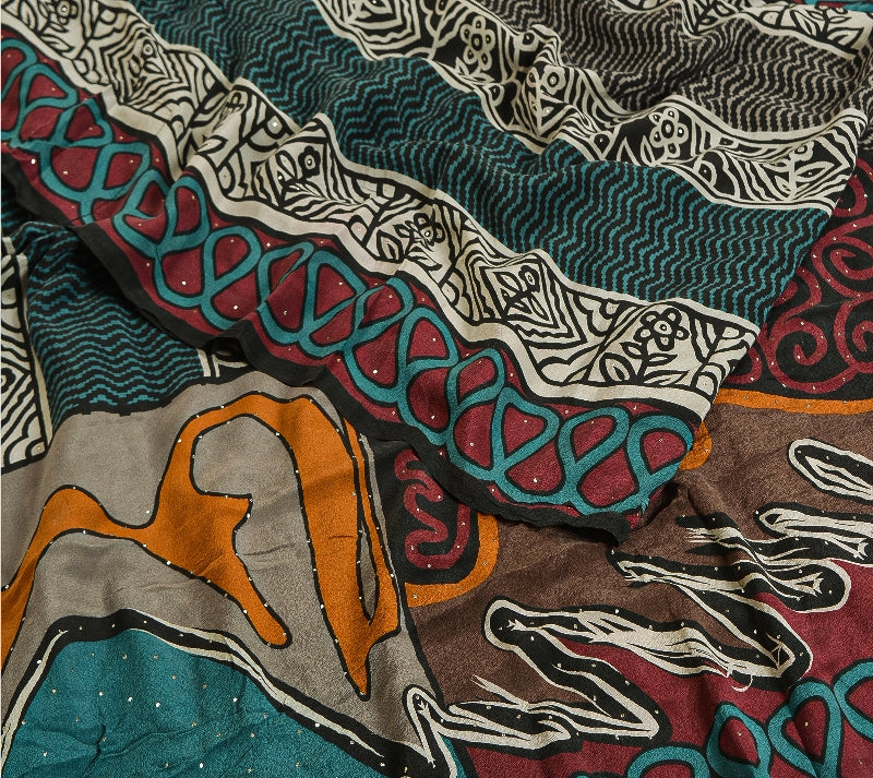 Sanskriti Vintage Sarees Multi Pure Crepe Silk Mukesh Work Printed Sari Sustainable Fabric