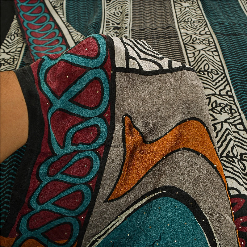 Sanskriti Vintage Sarees Multi Pure Crepe Silk Mukesh Work Printed Sari Sustainable Fabric