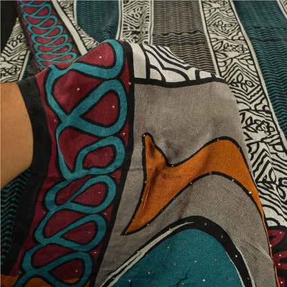 Sanskriti Vintage Sarees Multi Pure Crepe Silk Mukesh Work Printed Sari Sustainable Fabric