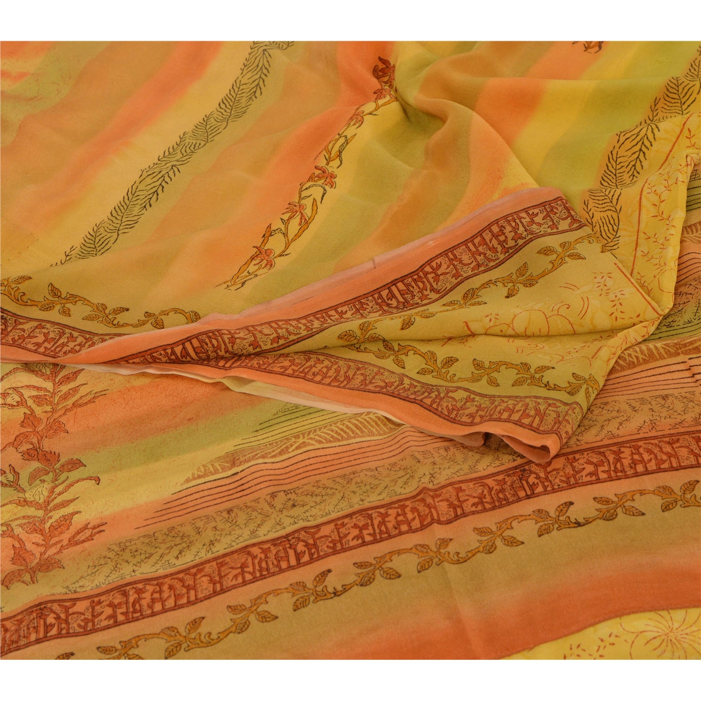 Sanskriti Vintage Yellow Sarees Pure Crepe Silk Printed Sari Craft 5 Yard Fabric